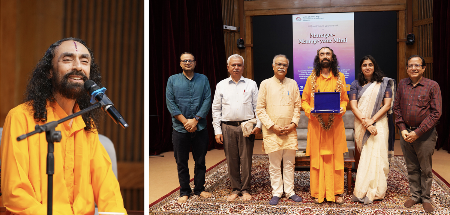 On 6th December 2025, IIM Bangalore hosted Swami Mukundananda, spiritual teacher, author and founder of JKYog, for a lecture titled, ‘Manager – Manage Your Mind’, underscoring the relevance of spirituality in modern management. The session was facilitated by Prof. M Jayadev, Dean Administration, Chairperson, Centre for Capital Markets & Risk Management, and faculty of the Finance & Accounting area, IIMB.